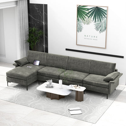 Extra Large L-shaped Sectional Sofa with Reversible Chaise and 2 USB Ports for 4-5 People-Army Green