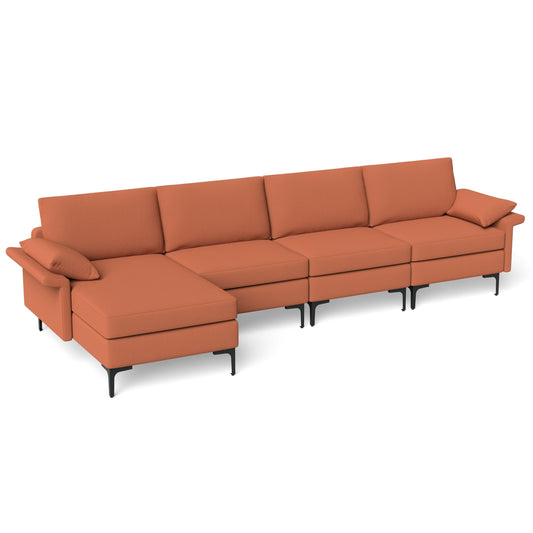 Extra Large L-shaped Sectional Sofa with Reversible Chaise and 2 USB Ports for 4-5 People-Rust Red