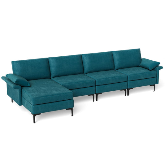 Extra Large L-shaped Sectional Sofa with Reversible Chaise and 2 USB Ports for 4-5 People-Peacock Blue