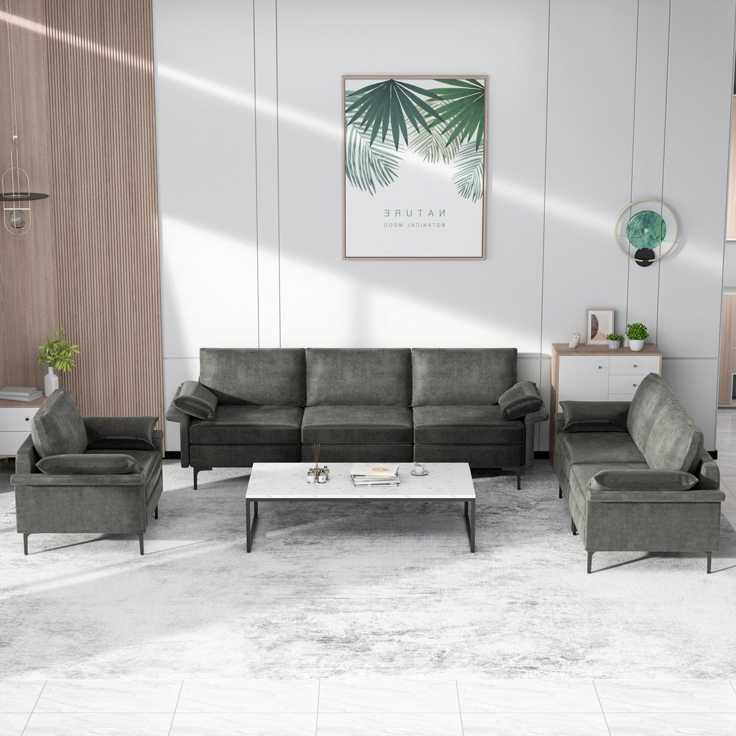 Large 3-Seat Sofa Sectional with Metal Legs and 2 USB Ports for 3-4 people-Green