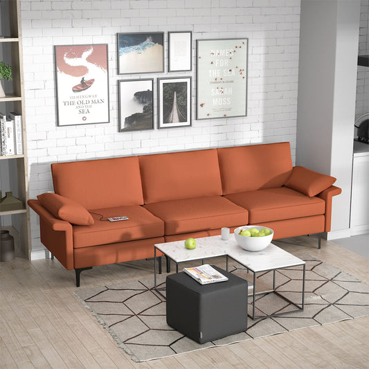 Large 3-Seat Sofa Sectional with Metal Legs and 2 USB Ports for 3-4 people-Red