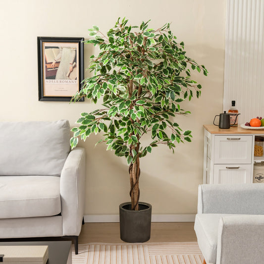 Artificial Ficus Tree Tall Faux Indoor Plant with 1008 Leaves Nursery Pot and Dried Moss