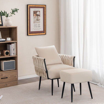 Modern Dutch Velvet Accent Chair and Ottoman Set with Weaved Back and Arms-Gray