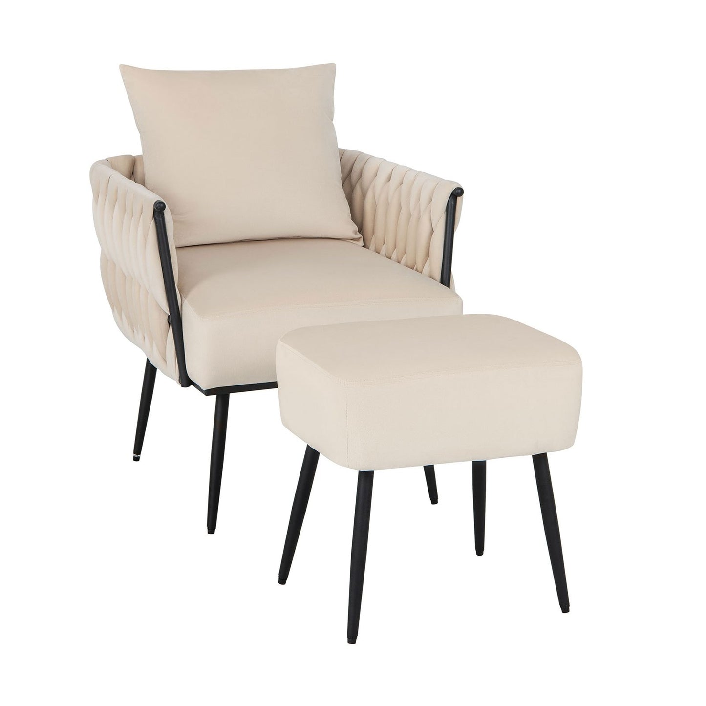 Modern Dutch Velvet Accent Chair and Ottoman Set with Weaved Back and Arms-Gray