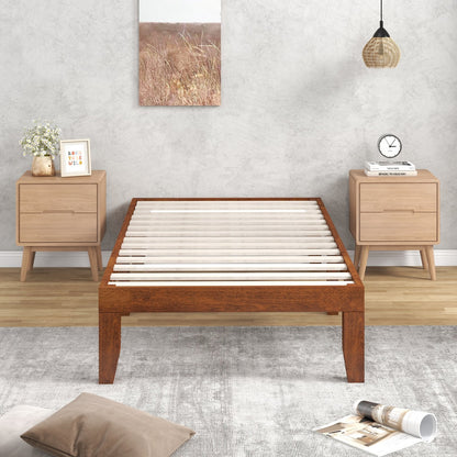 Twin Size 14 Inch Wooden Slats Bed Mattress Frame-Brown