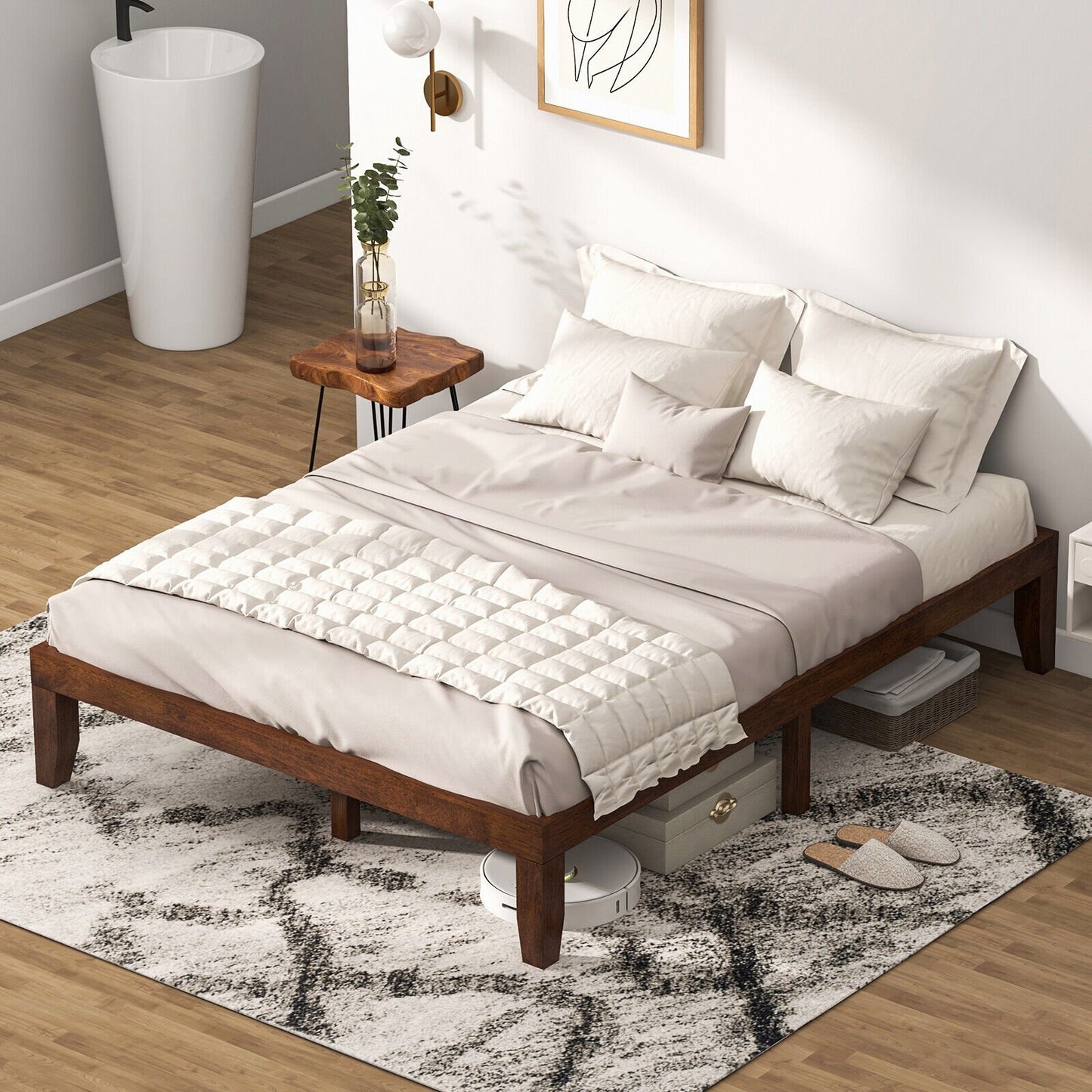 Queen Size 14 Inch Wooden Bed Mattress Frame-Brown
