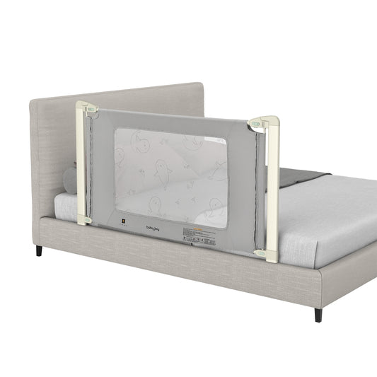 Toddler bed rail guard with adjustable height and safety lock, 59 inches long, in a child's bedroom setting.