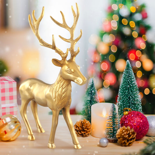 Standing Reindeer Statue Aluminum Deer Sculpture for Indoors Christmas Decor-Golden