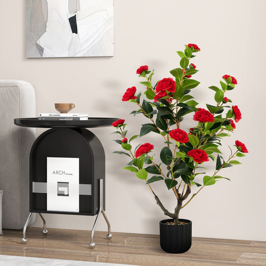 38 Inch Artificial Camellia Tree Faux Flower Plant in Cement Pot-Red