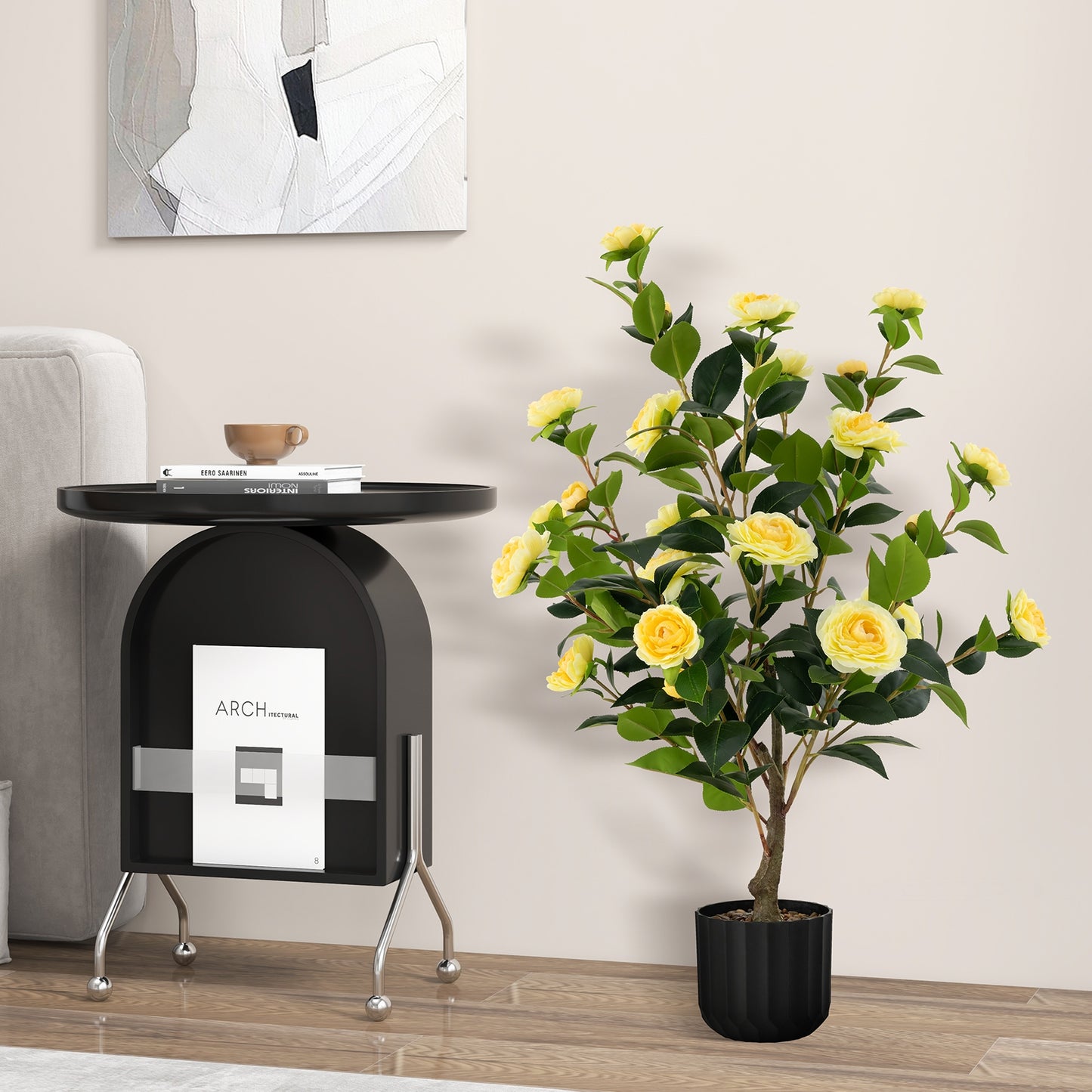 38 Inch Artificial Camellia Tree Faux Flower Plant in Cement Pot-Pink