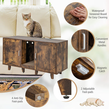 2-Door Cat Litter Box Enclosure with Winding Entry and Scratching Board-Rustic Brown