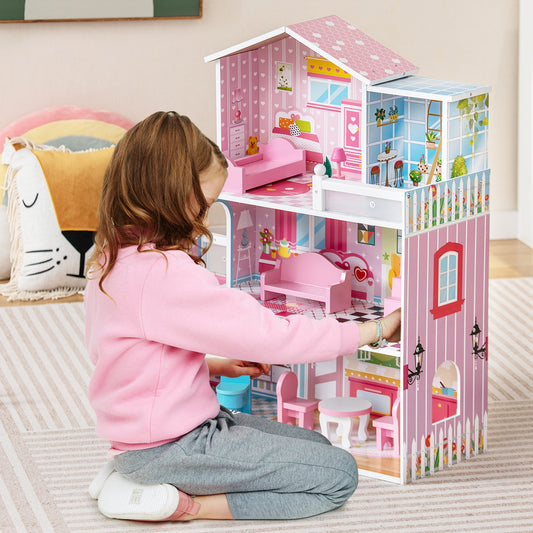 Kids Wooden Dollhouse Playset with 5 Simulated Rooms and 10 Pieces of Furniture-Pink