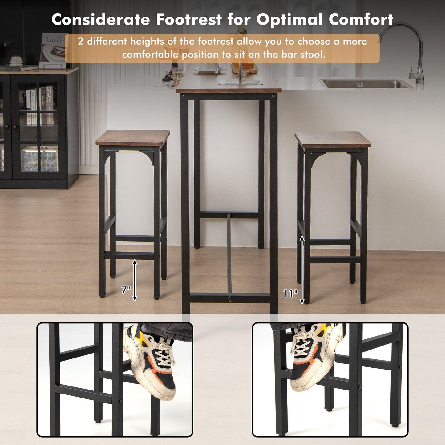 2 Pieces 28 Inch Dining Bar Chair with Footrest and Adjustable Pads-Rustic Brown