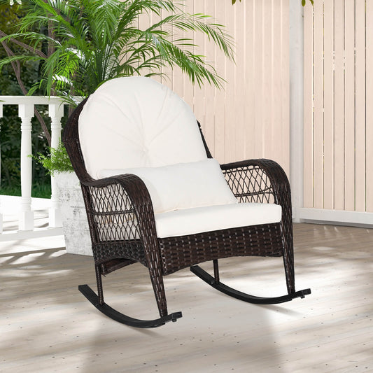 Patio Rattan Rocking Chair with Seat Back Cushions and Waist Pillow-White