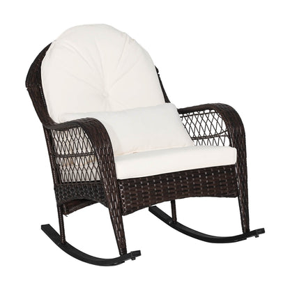 Patio Rattan Rocking Chair with Seat Back Cushions and Waist Pillow-Black