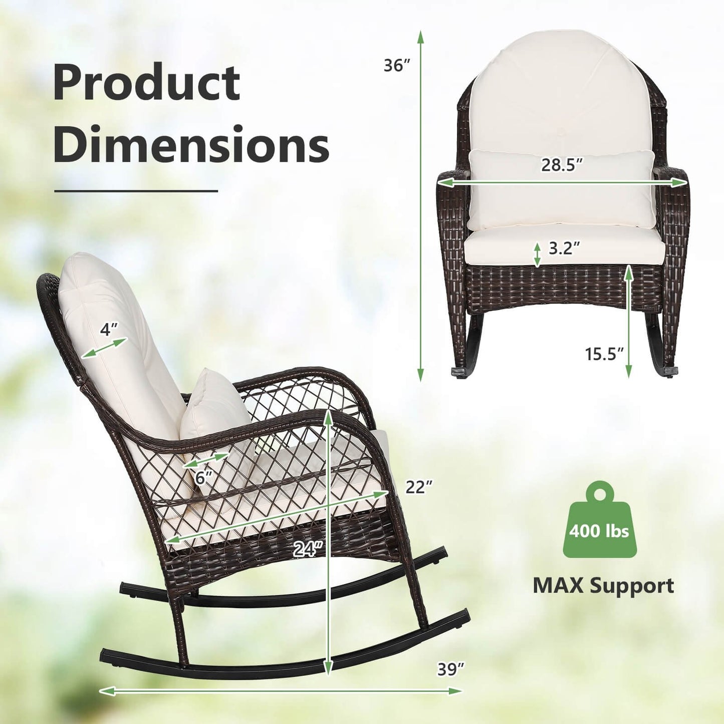 Patio Rattan Rocking Chair with Seat Back Cushions and Waist Pillow-Black