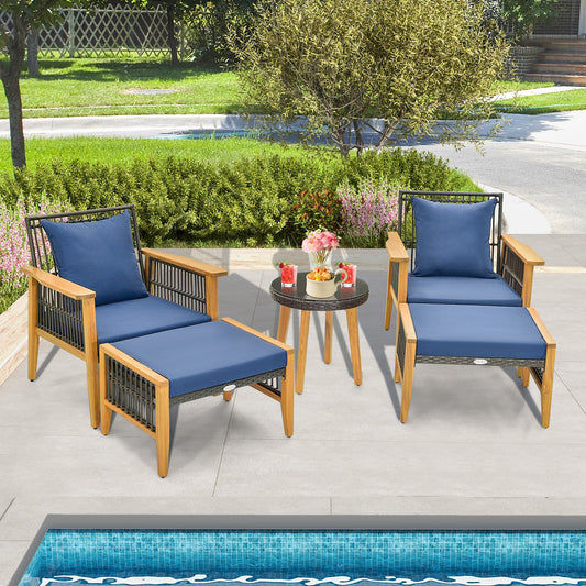 5 Piece Patio Furniture Set with Coffee Table and 2 Ottomans-Navy