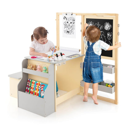 Kids Art Center Wooden Table Bench Set-Brown