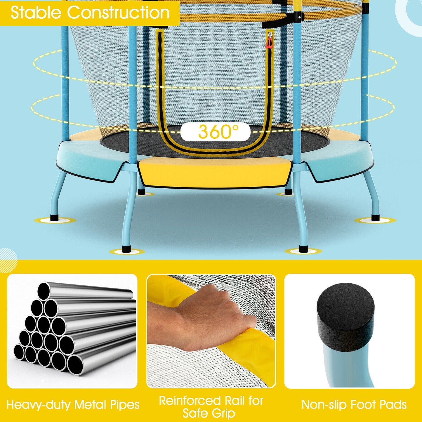 48 Inch Toddler Trampoline with Safety Enclosure Net-Yellow