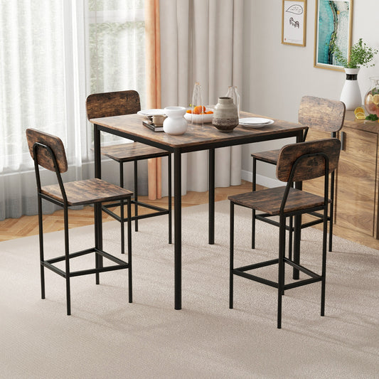 5 Pieces Industrial Dining Table Set with Counter Height Table and 4 Bar Stools-Coffee