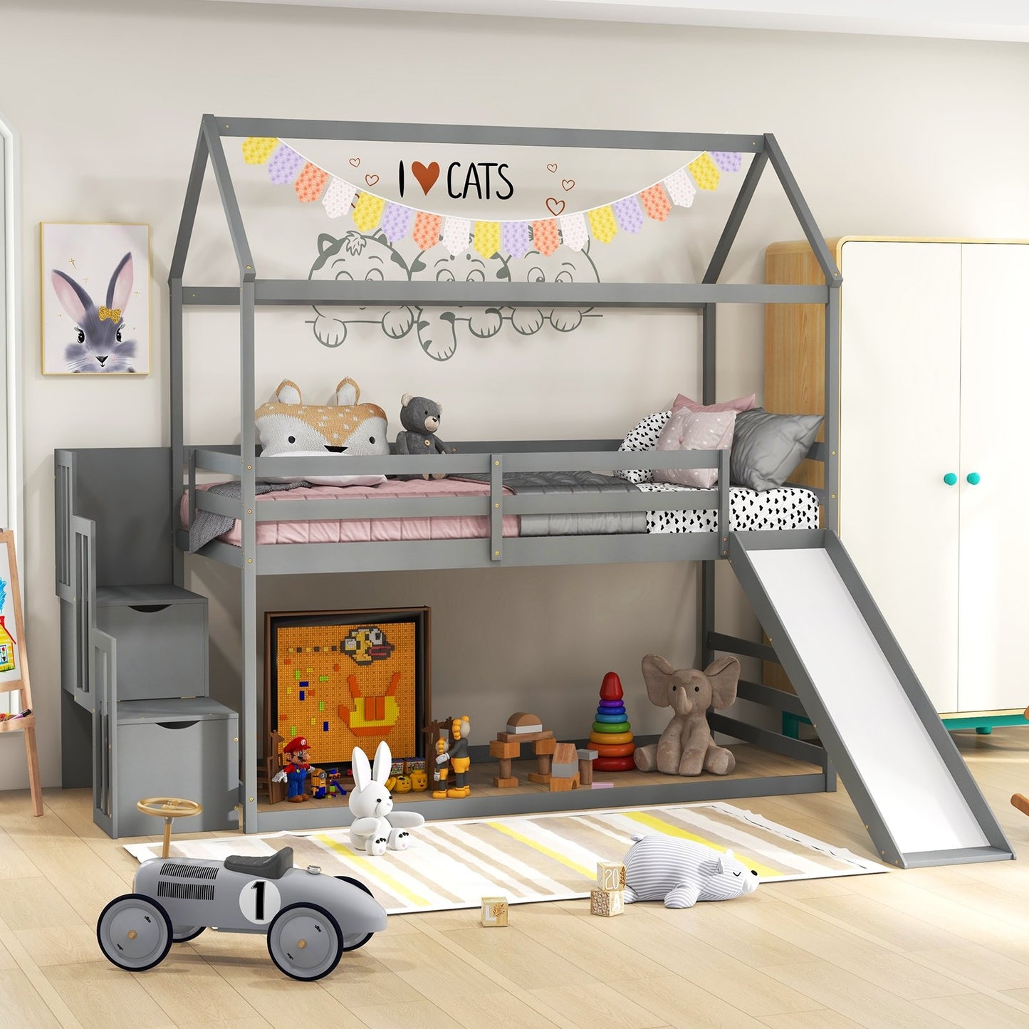 Twin over Twin Bunk Bed with Slide and 2-Step Storage Staircase-Espresso