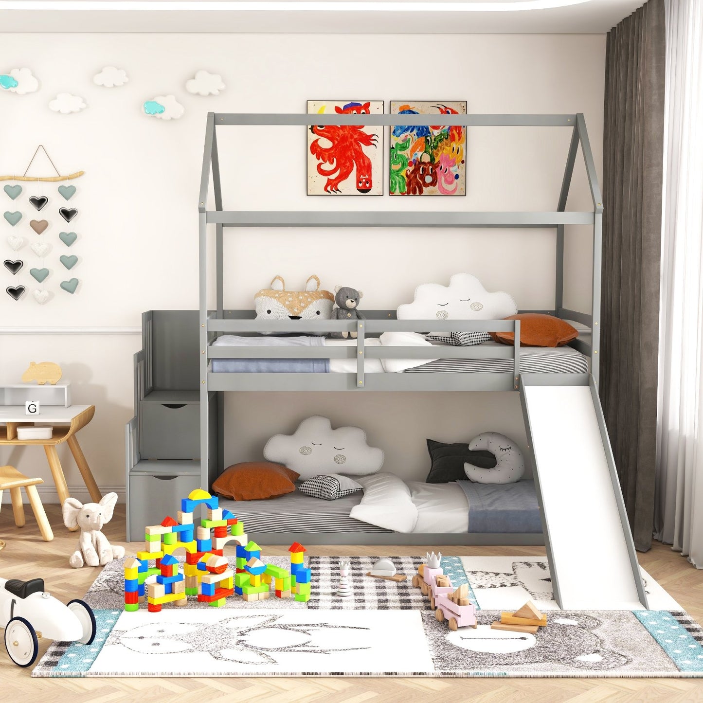 Twin over Twin Bunk Bed with Slide and 2-Step Storage Staircase-Espresso