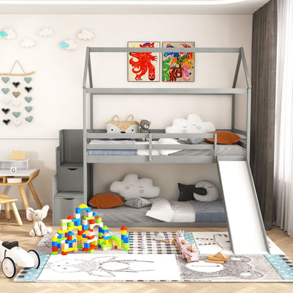 Twin over Twin Bunk Bed with Slide and 2-Step Storage Staircase-Espresso