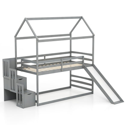 Twin over Twin Bunk Bed with Slide and 2-Step Storage Staircase-Espresso