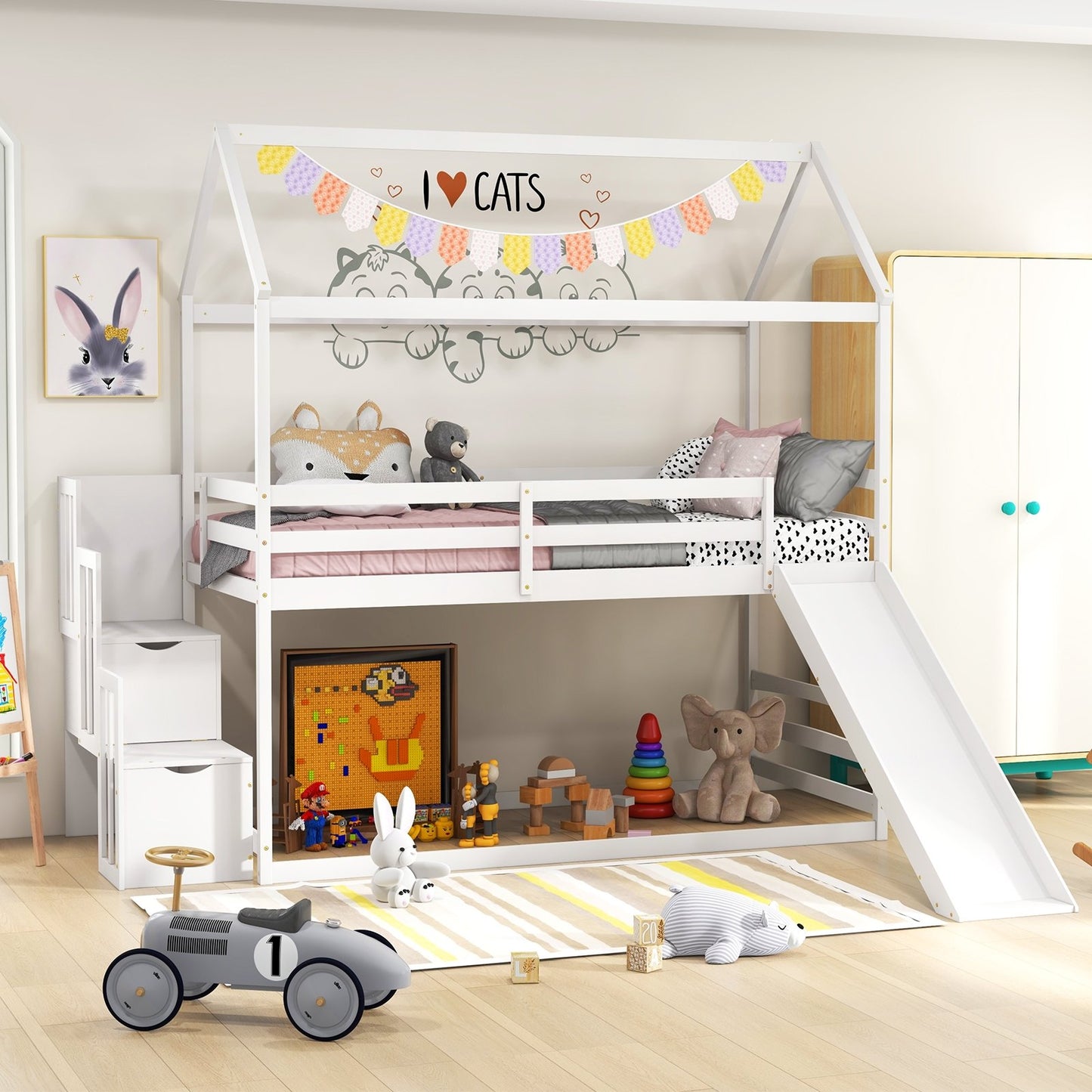 Twin over Twin Bunk Bed with Slide and 2-Step Storage Staircase-Espresso