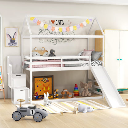Twin over Twin Bunk Bed with Slide and 2-Step Storage Staircase-Espresso
