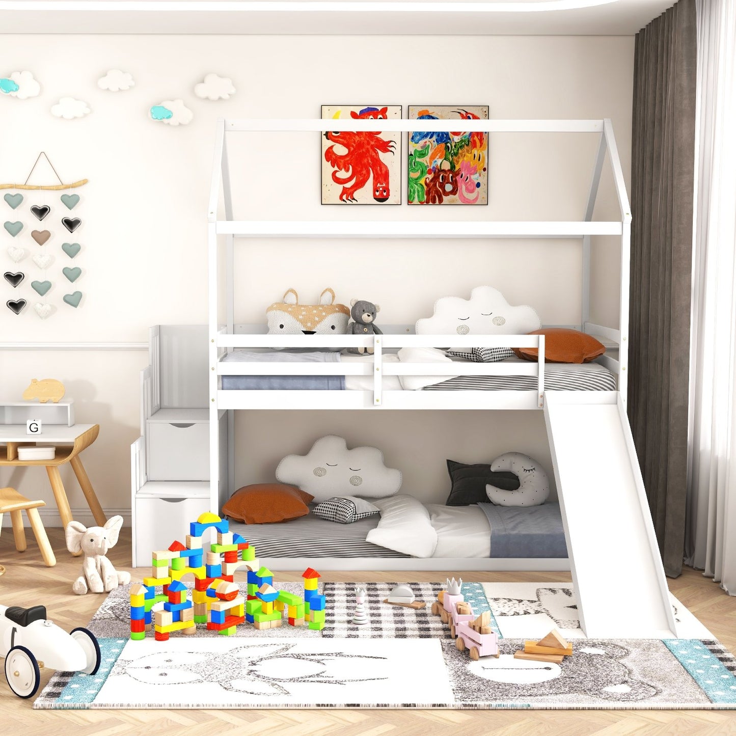 Twin over Twin Bunk Bed with Slide and 2-Step Storage Staircase-Espresso