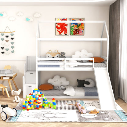 Twin over Twin Bunk Bed with Slide and 2-Step Storage Staircase-Espresso
