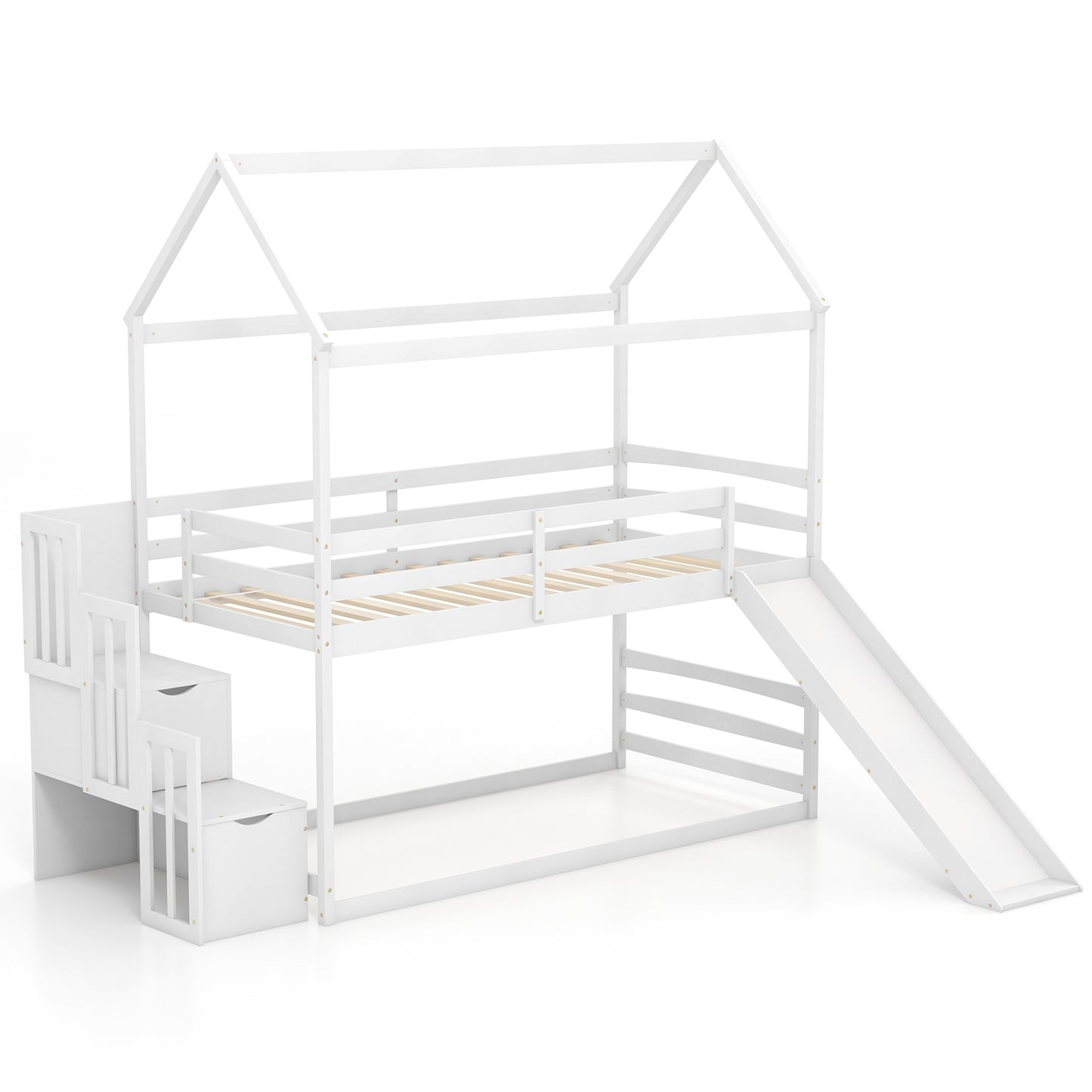 Twin over Twin Bunk Bed with Slide and 2-Step Storage Staircase-Espresso