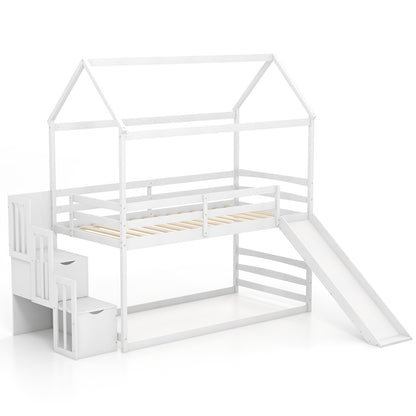 Twin over Twin Bunk Bed with Slide and 2-Step Storage Staircase-Espresso