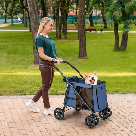 Folding Pet Stroller for Small and Medium Pets with Breathable Mesh andx One-Button Foldable-Blue