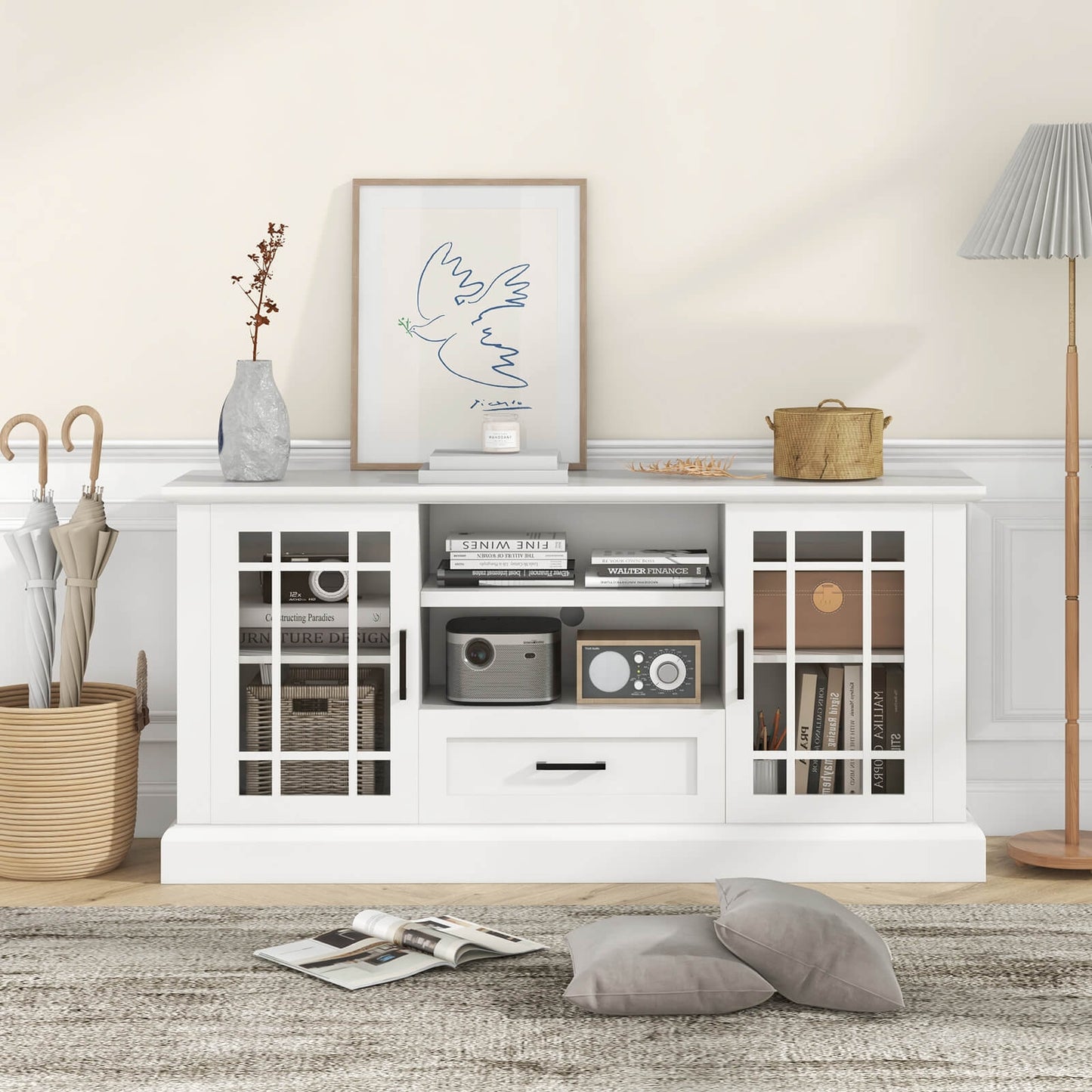 TV Stand for TVs up to 70 with Glass Doors Cubbies and Drawer-Black