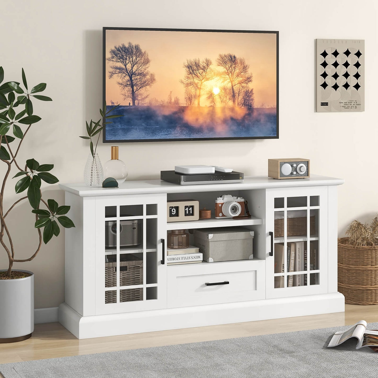 TV Stand for TVs up to 70 with Glass Doors Cubbies and Drawer-Black
