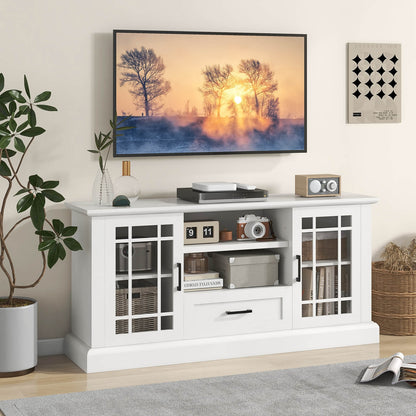 TV Stand for TVs up to 70 with Glass Doors Cubbies and Drawer-Black