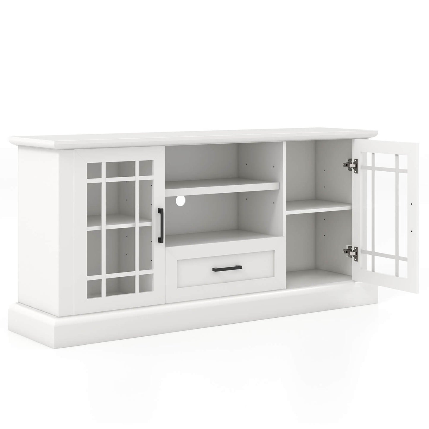 TV Stand for TVs up to 70 with Glass Doors Cubbies and Drawer-Black