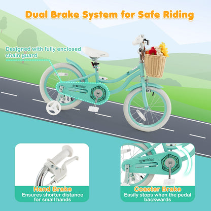 16-Inch Kids Bike with Training Wheels and Adjustable Handlebar Seat-Green