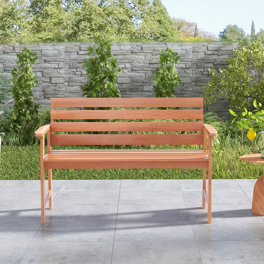 Patio Hardwood Bench Wood 2-Seat Chair with Breathable Slatted Seat & Inclined Backrest