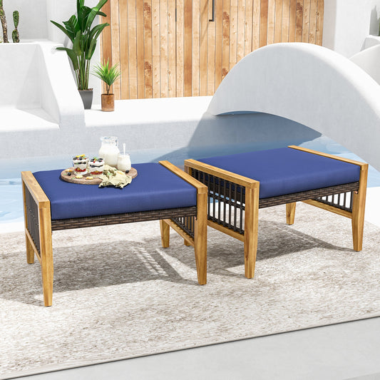 Patio Acacia Wood Ottomans with Cushions and Versatile Rattan Woven Footstools-Navy