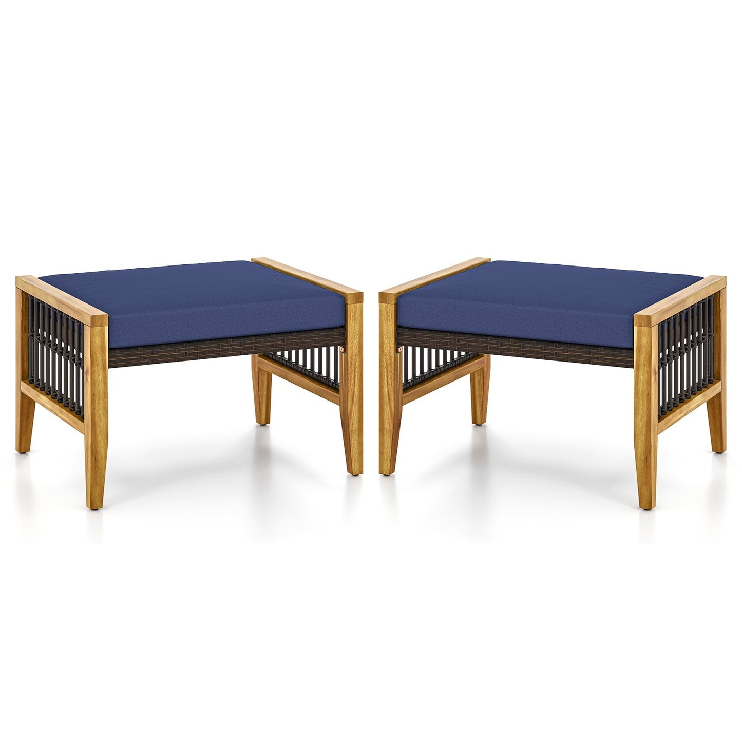 Patio Acacia Wood Ottomans with Cushions and Versatile Rattan Woven Footstools-Navy