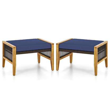 Patio Acacia Wood Ottomans with Cushions and Versatile Rattan Woven Footstools-Navy