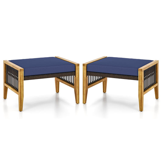 Patio Acacia Wood Ottomans with Cushions and Versatile Rattan Woven Footstools-Navy