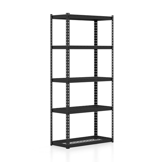 5-tier metal shelving unit by Wilsons Home Store with adjustable shelves and anti-slip foot pads for garage storage.