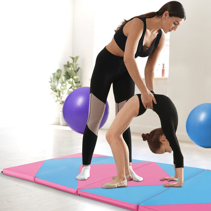 8 Feet PU Leather Folding Gymnastics Mat with Hook and Loop Fasteners-Black & Pink