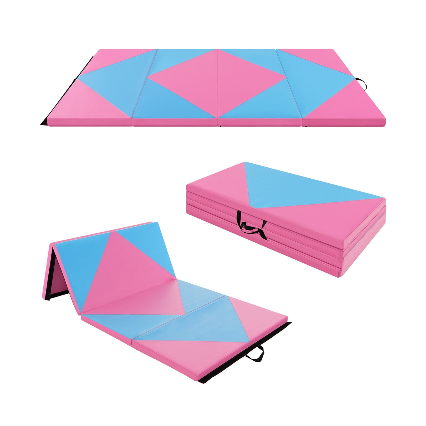 8 Feet PU Leather Folding Gymnastics Mat with Hook and Loop Fasteners-Black & Pink