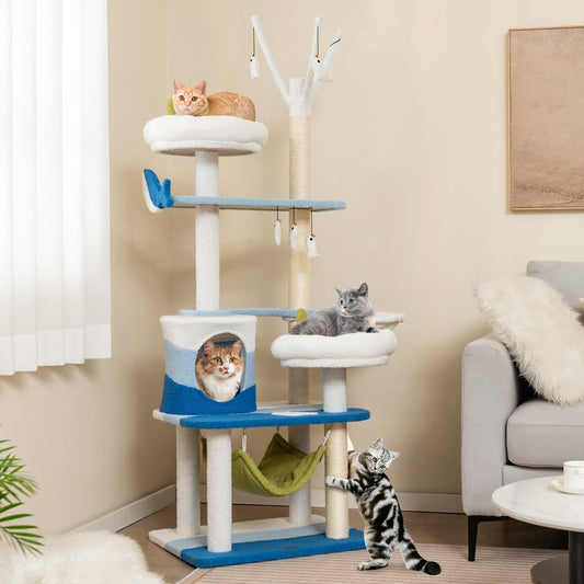 Multi-level Cat Tower with Sisal Covered Scratching Posts-Blue