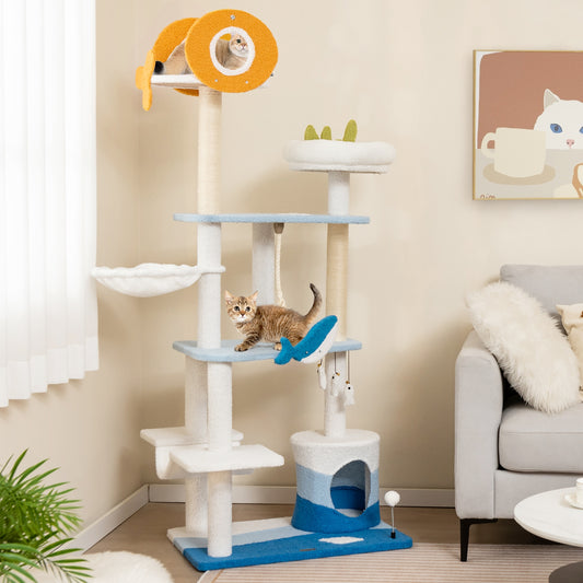 Multi-level Ocean-themed Cat Tree Tower with Sisal Covered Scratching Posts-Blue